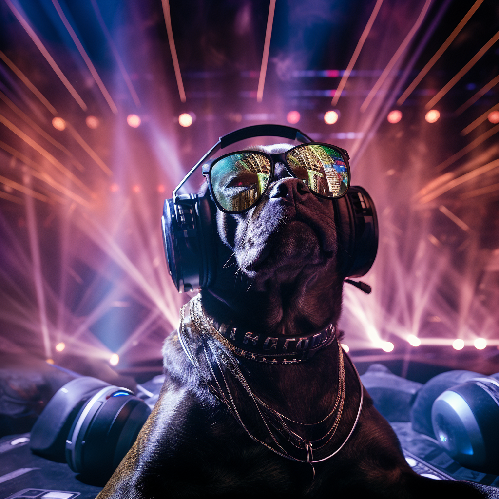 Dog DJ spinning at a laser-filled rave