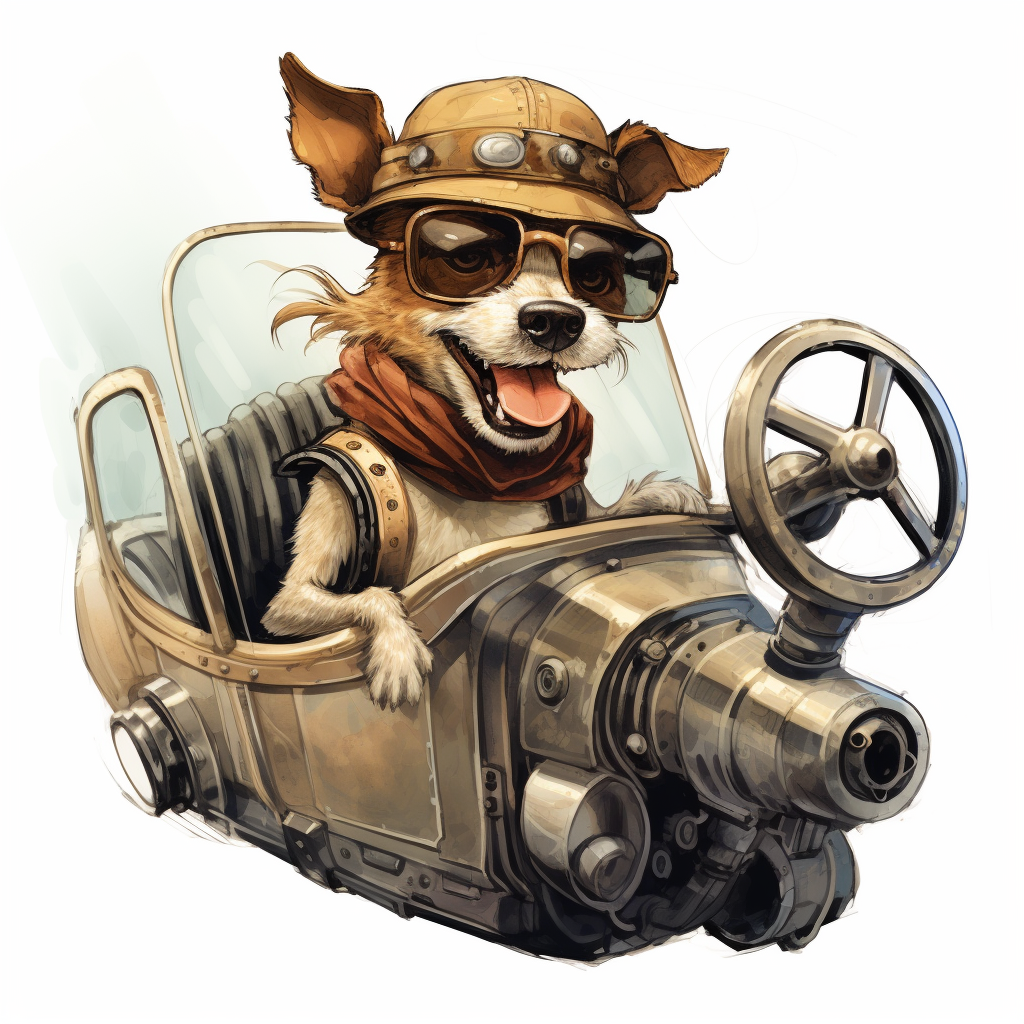 Cartoon illustration of a dog driving a vehicle