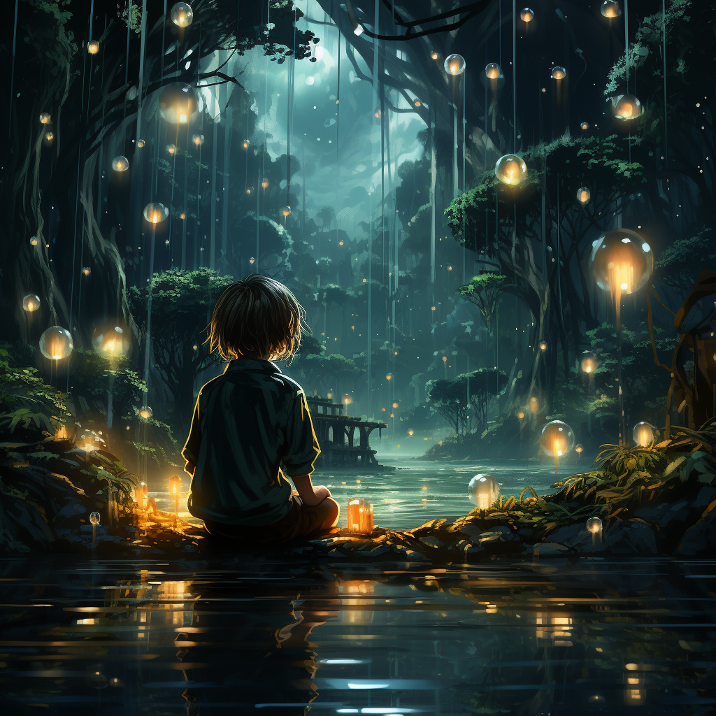 Adorable dog-eyed bubble-boy basking in moonlit bamboo forest