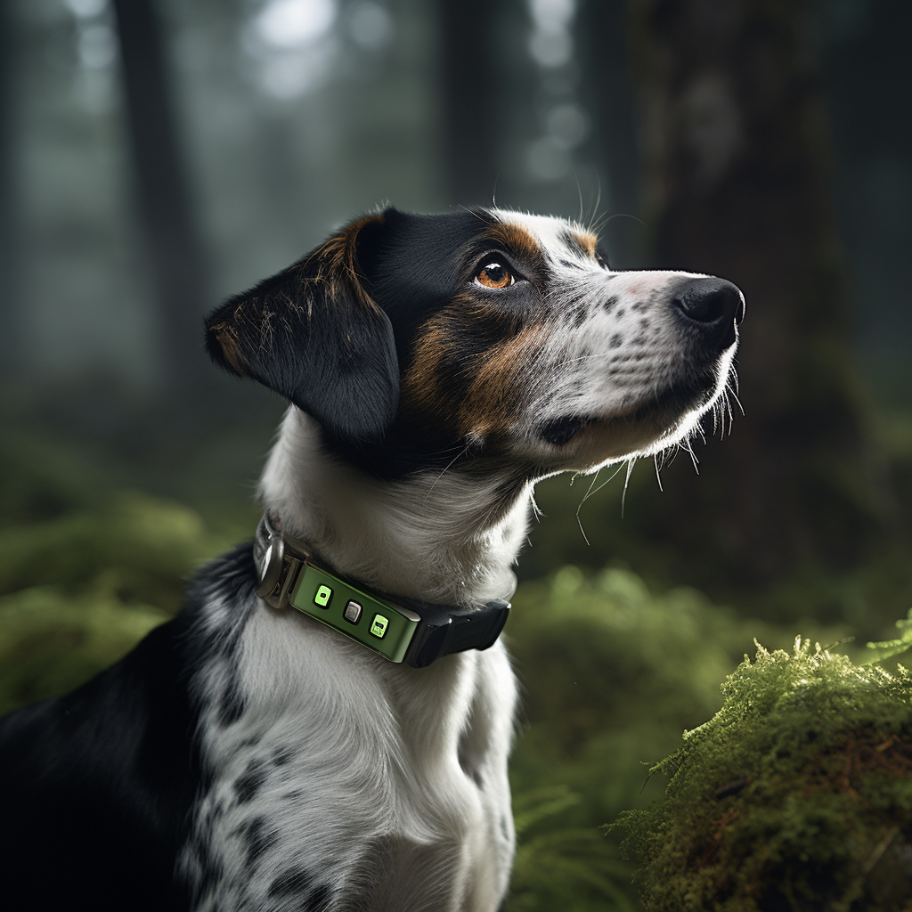 Dog with GPS Tracker Sniffing Tree