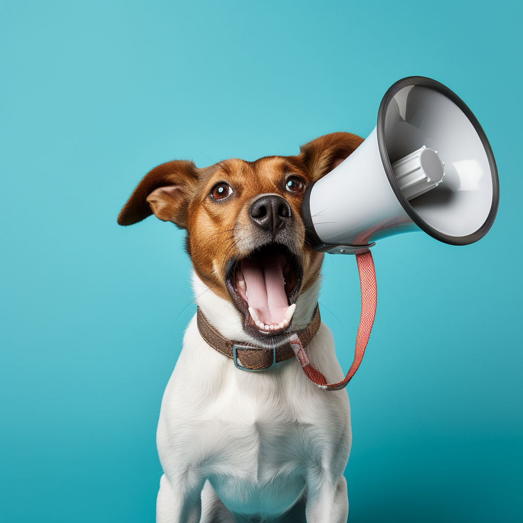 Dog holding a megaphone on light blue background