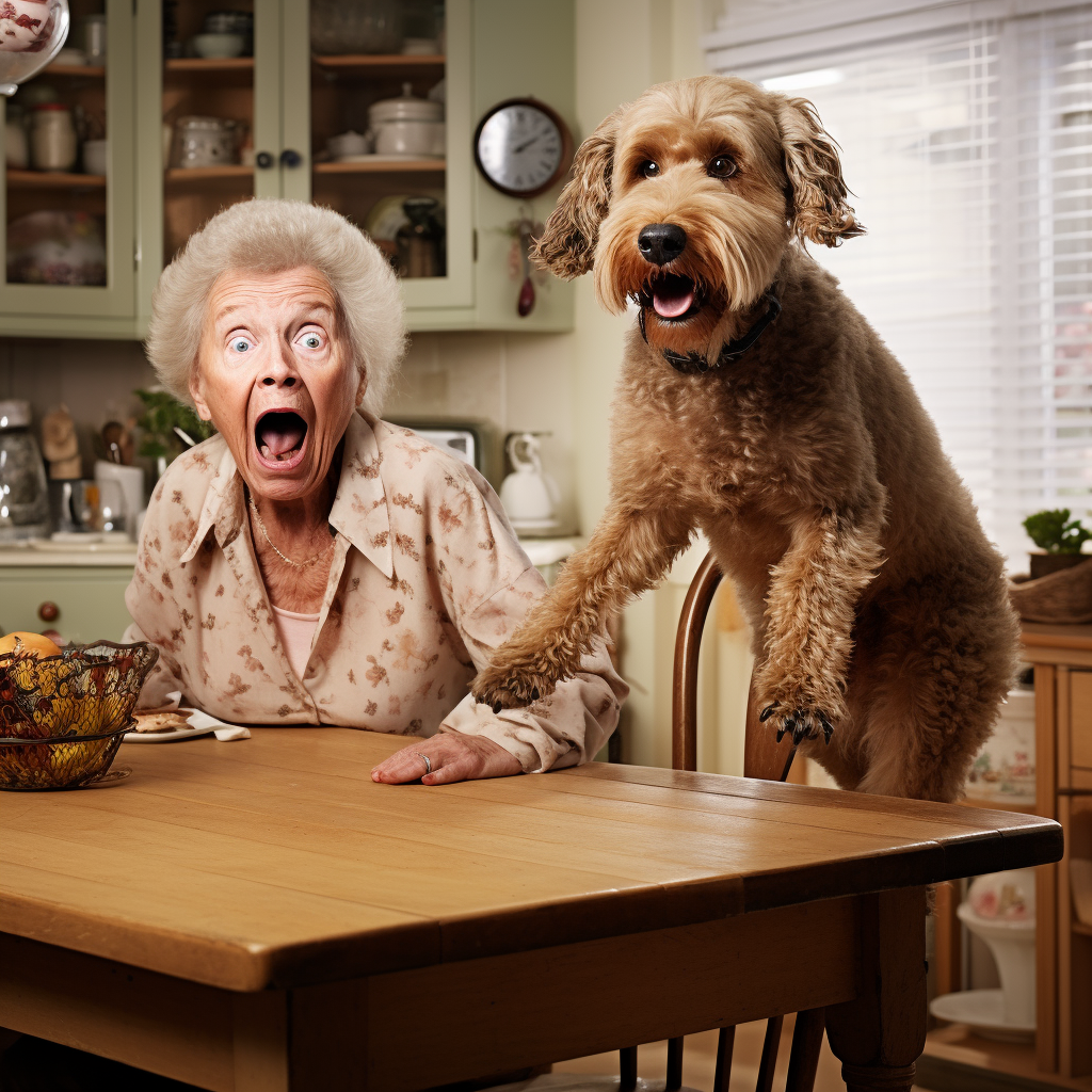 Dog leaping onto kitchen table in front of elderly woman