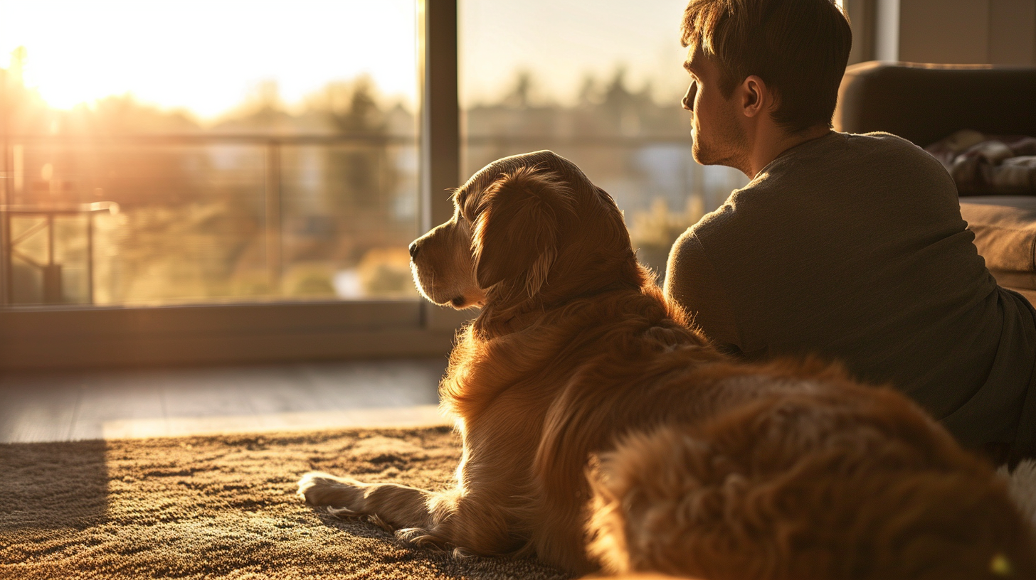 Dog and Man on Carpeted Floor in Morning Sun