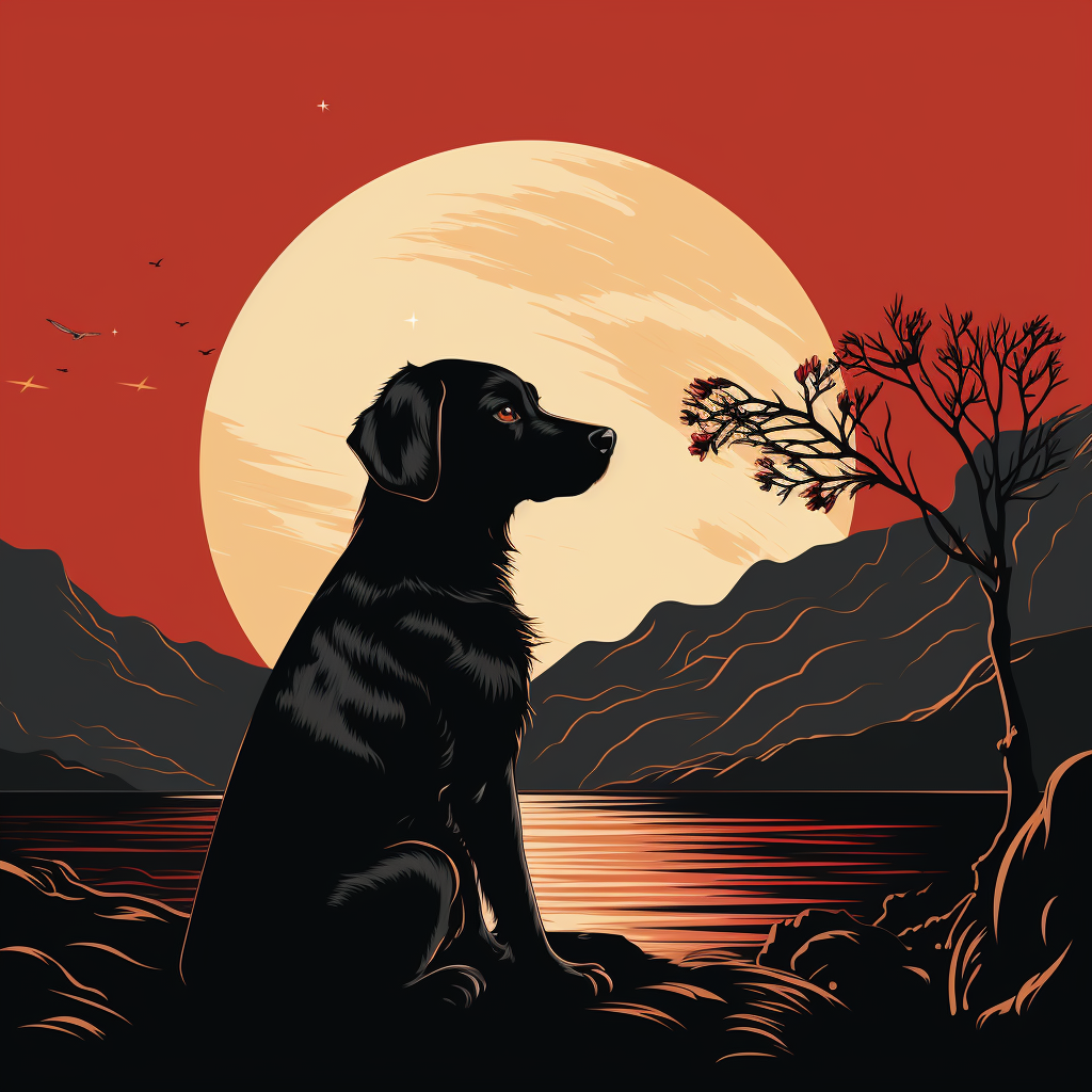 Simple black and white dog and moon illustration