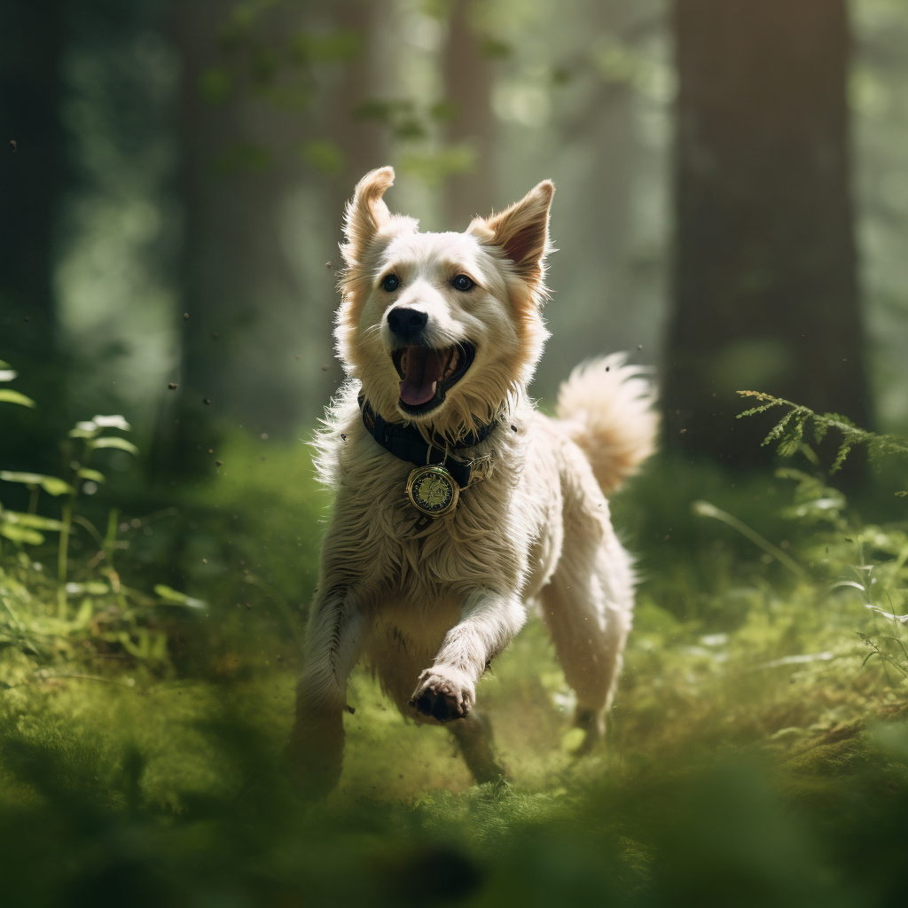 Dog running in the forest with GPS tracker