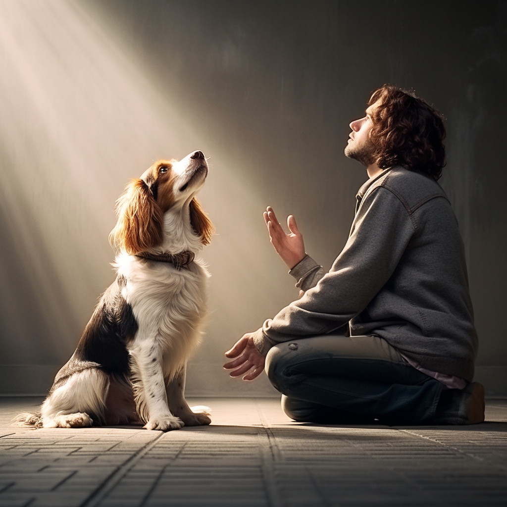 Adorable dog looking up at owner