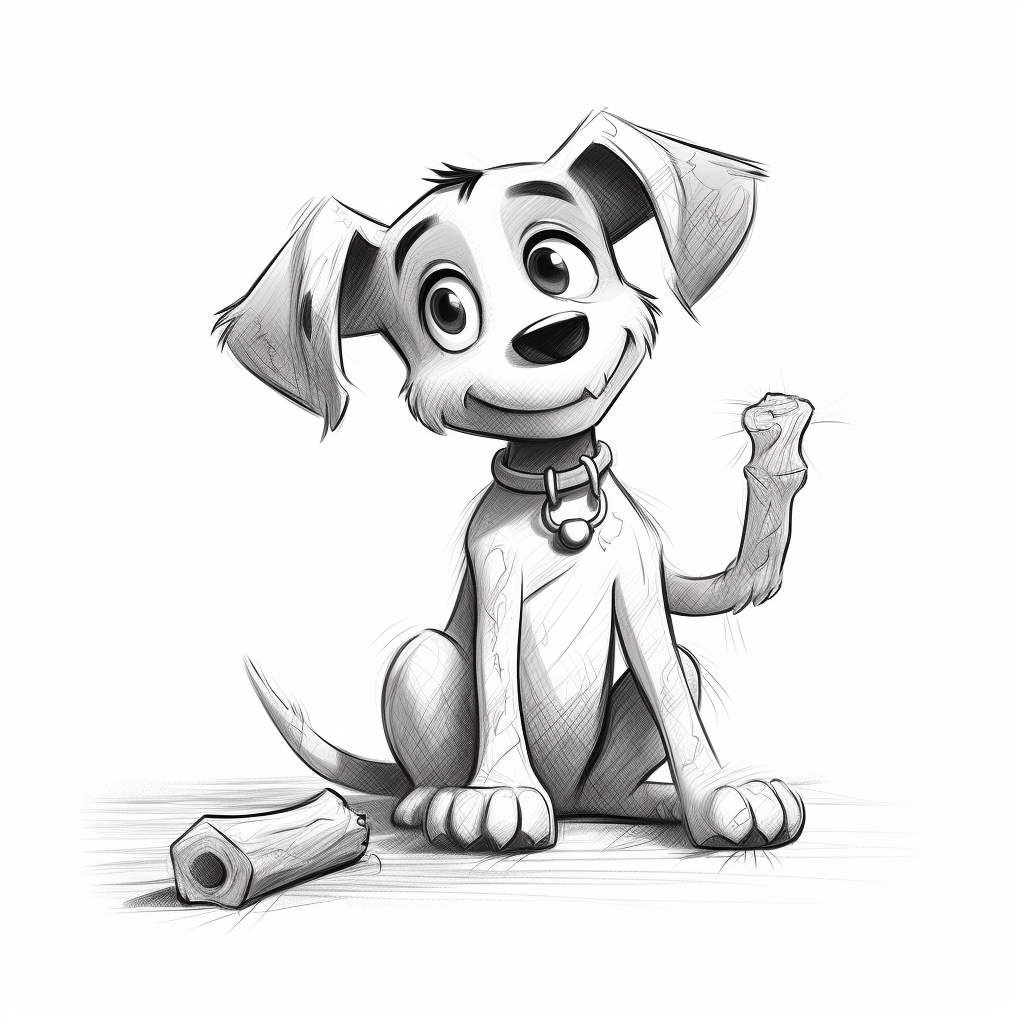 Simple cartoon of a dog playing with a bone