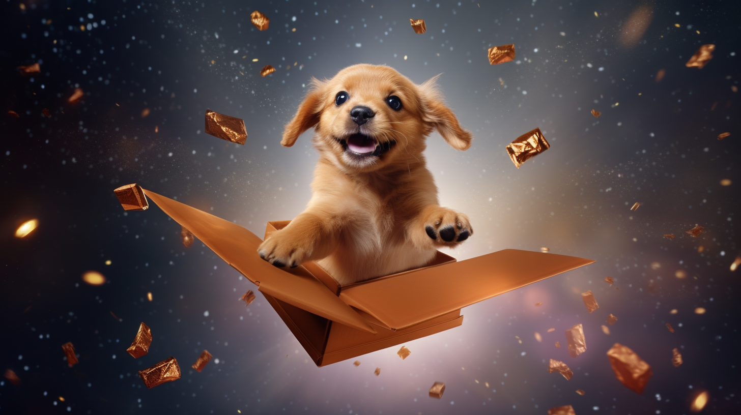 Cute dog puppy in a gift box in space