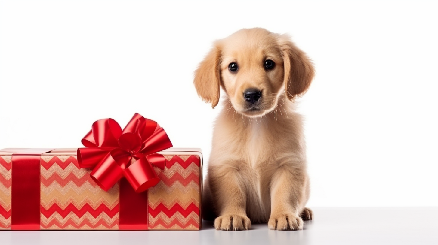 Cute dog puppy in a gift box