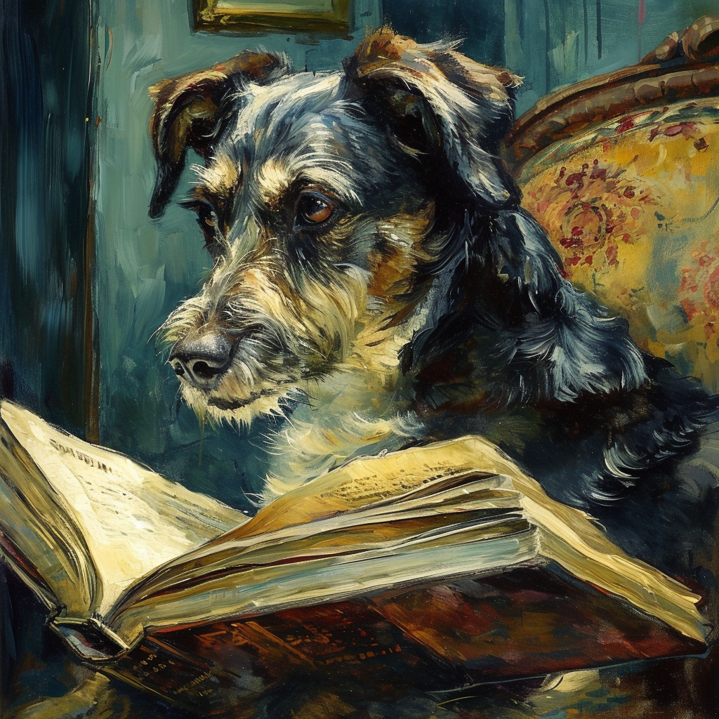 Adorable dog engrossed in book