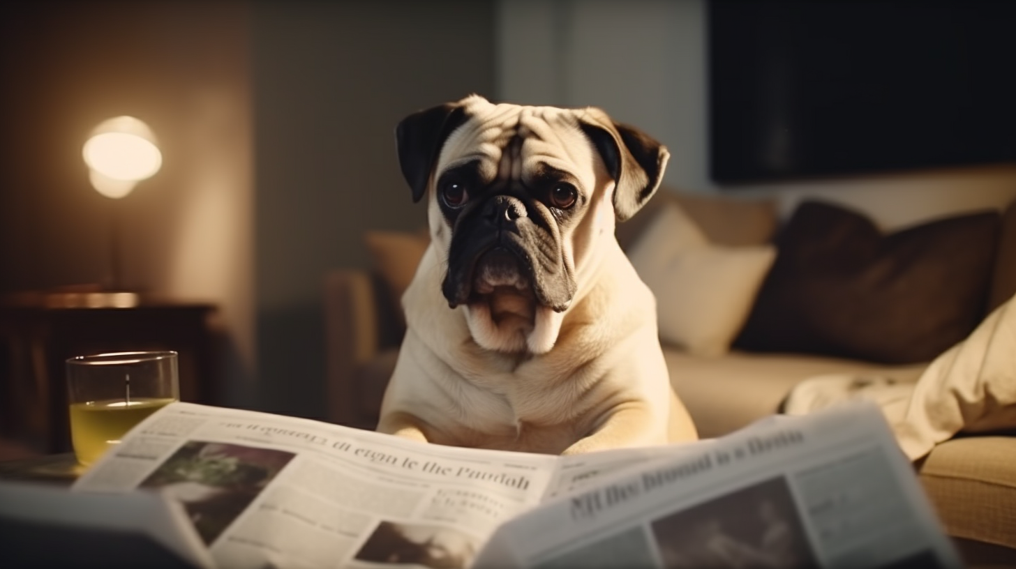 Cute dog reading newspaper in modern living room  ?