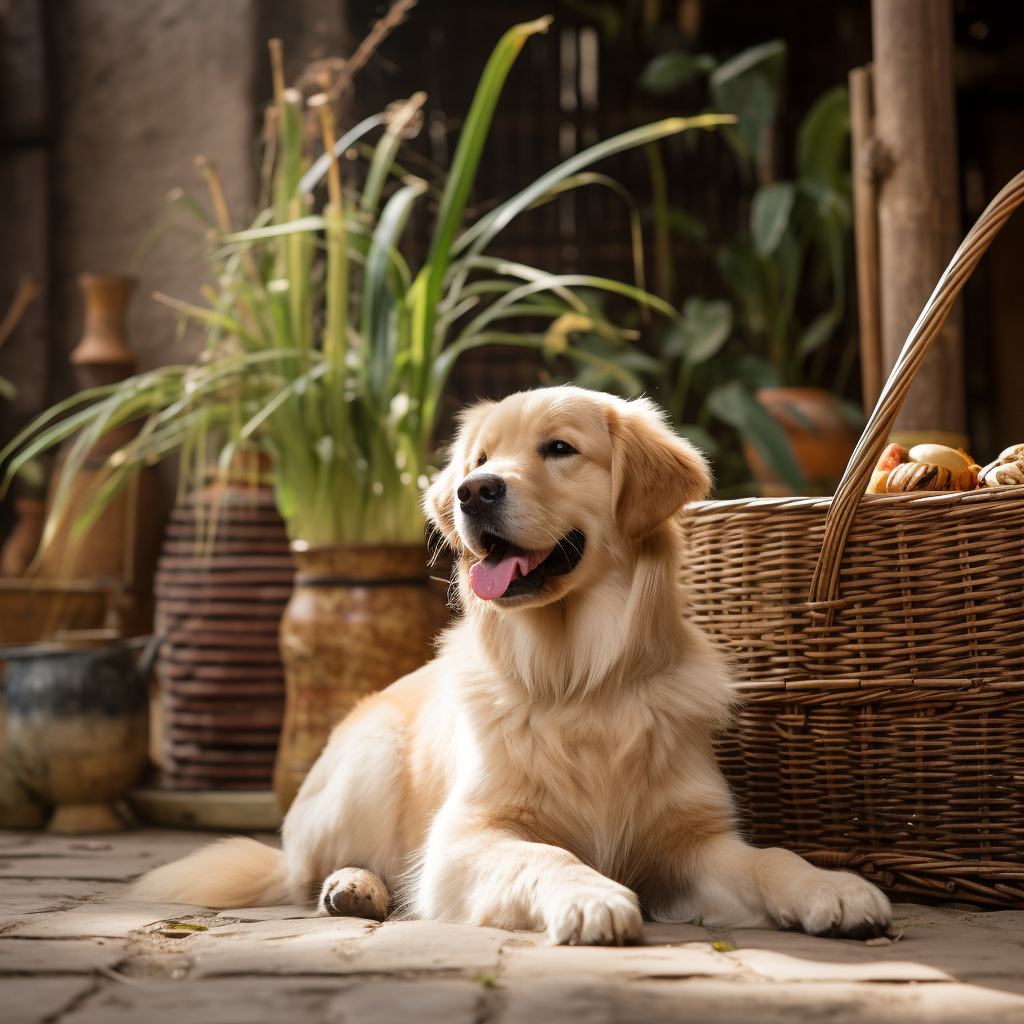 Golden Retriever Sitting Next to Bamboo Basket