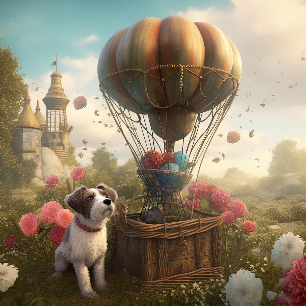 Dog sitting in basket with flowers and air balloon