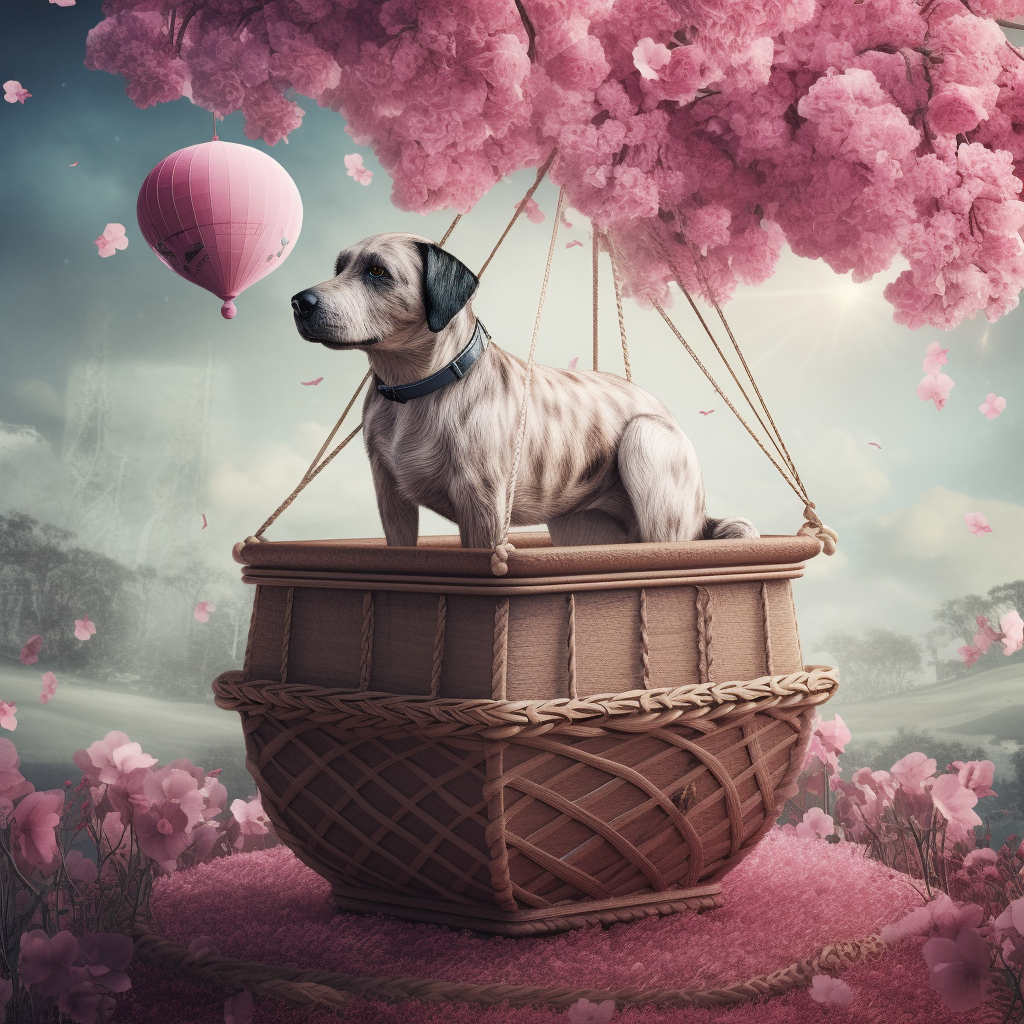 Dog sitting in pink basket with flowers