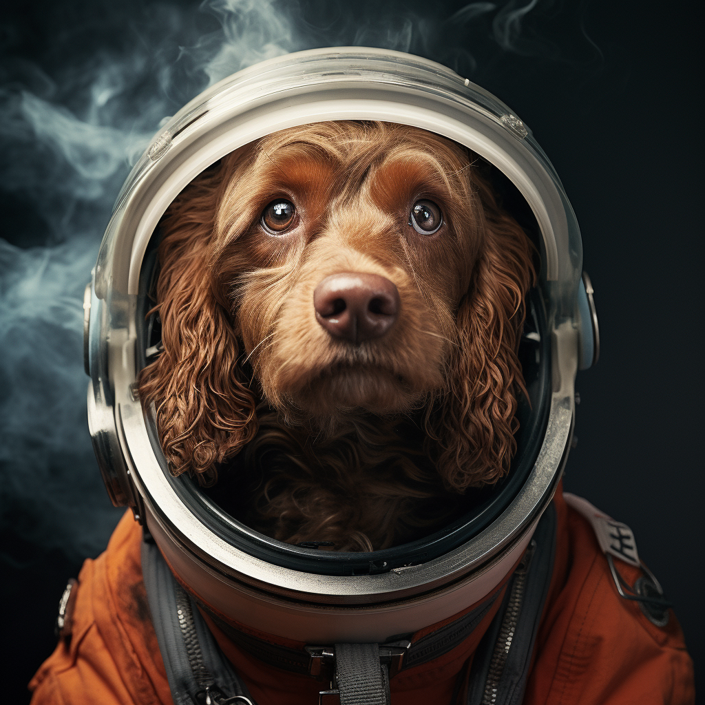 Dog wearing spacesuit in hyperrealism photography