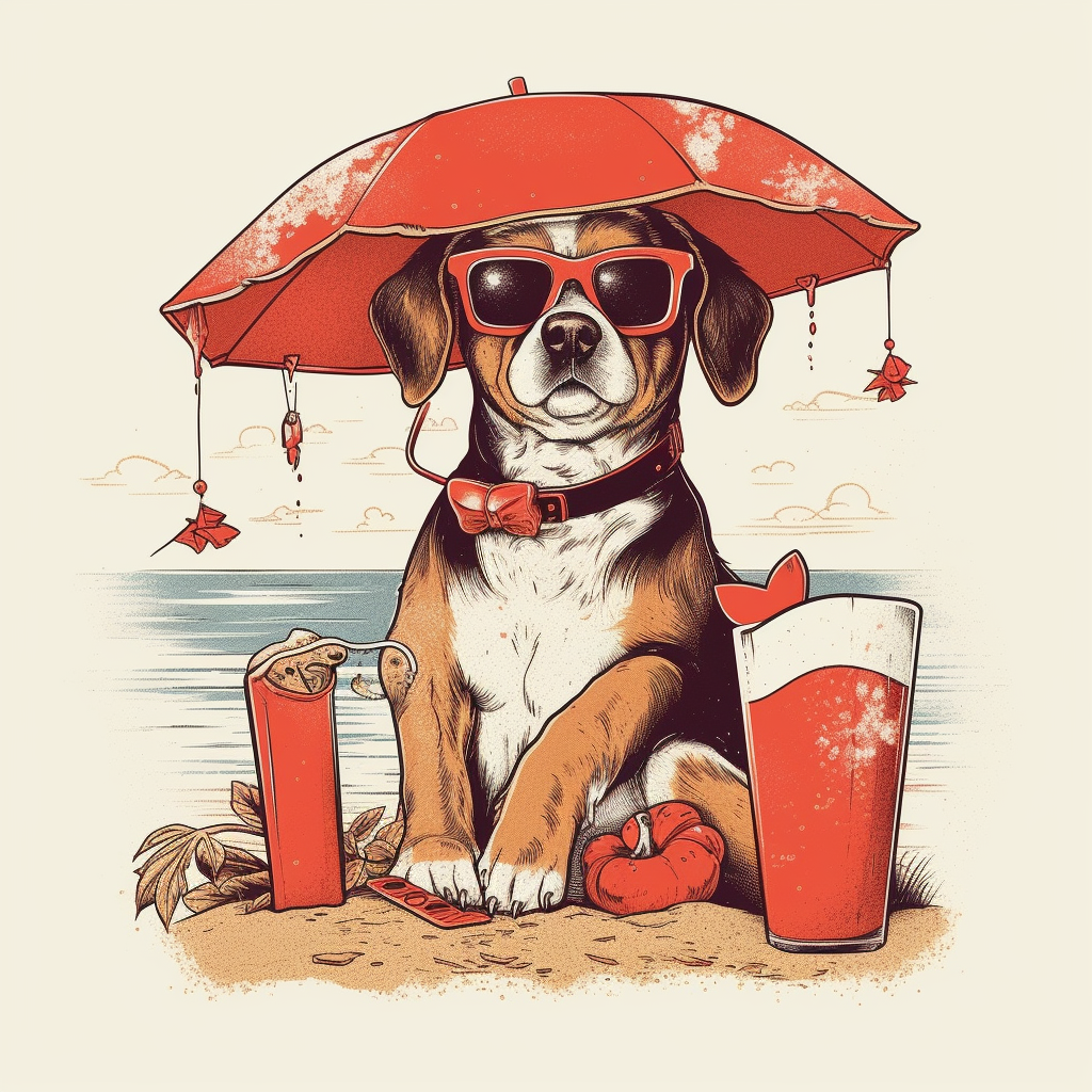 Dog wearing sunglasses with beers and umbrella