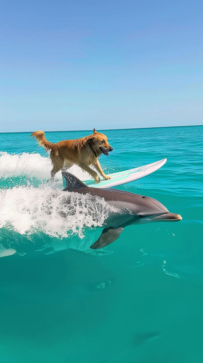 Dog surfing on a dolphin