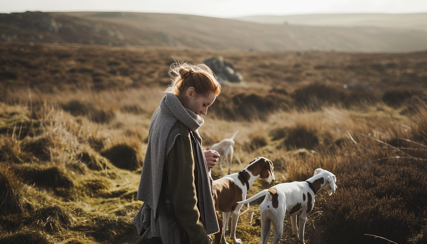 Image of a dog trainer woman with whippets in the wild