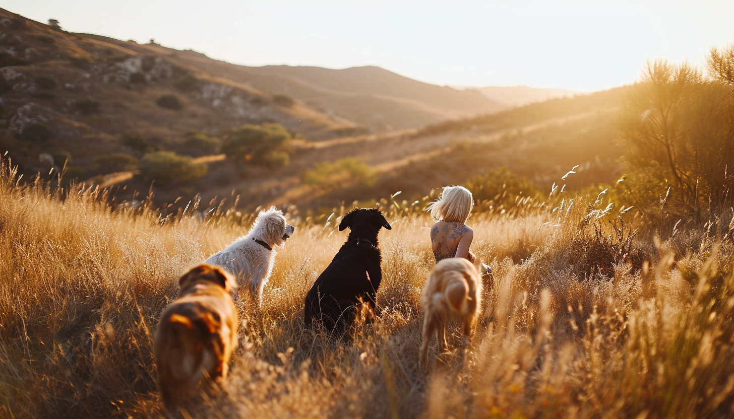 Blond Woman Training Dogs Outdoors