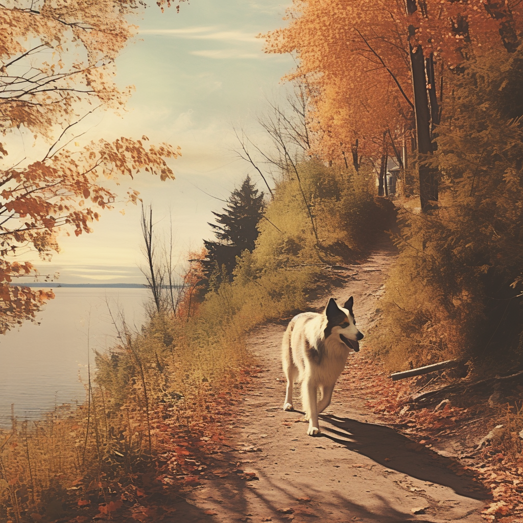 Retro postcard of a dog walking in Westisland Montreal during fall