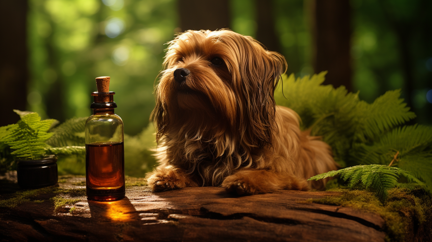 Dog with Brown Bottle in Forest