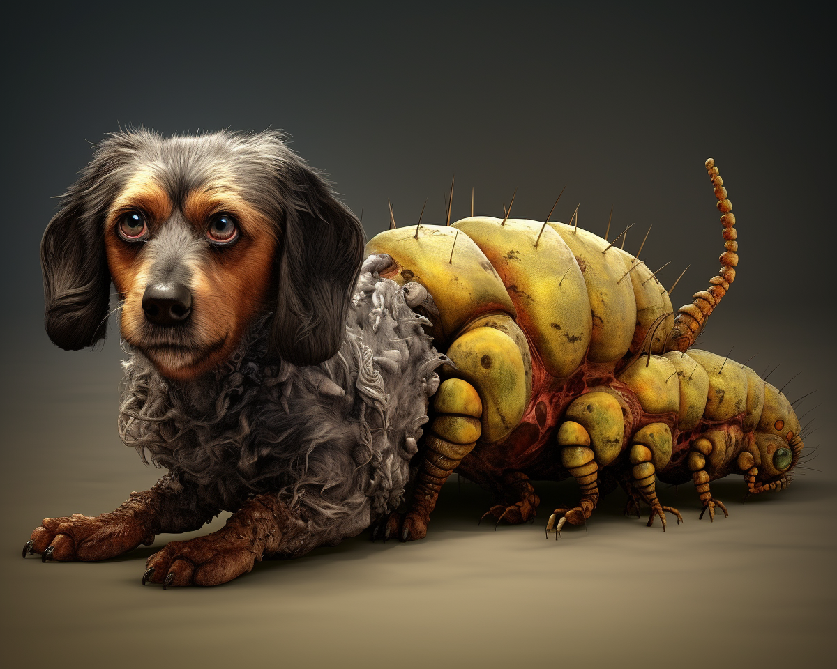 Photo realistic dog-caterpillar combined creature