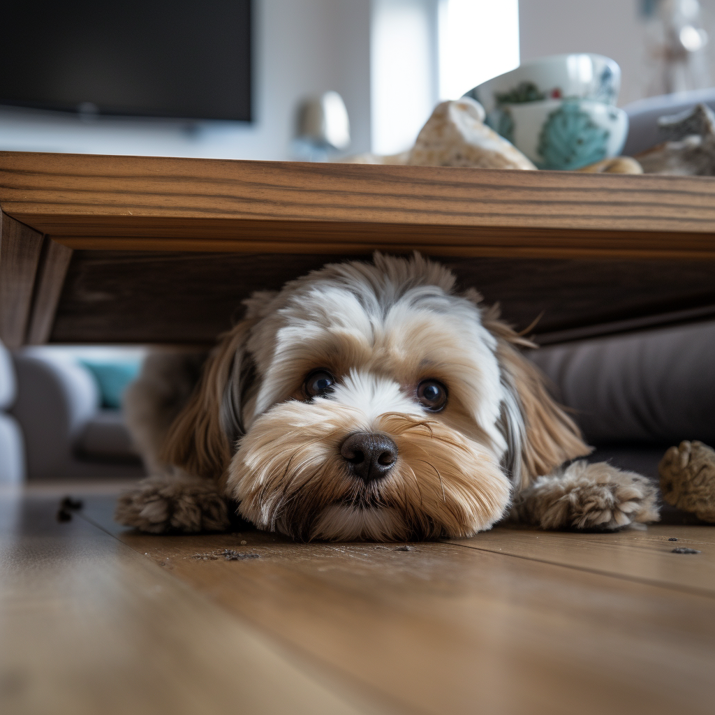 Dog happily chewing wooden coffee table