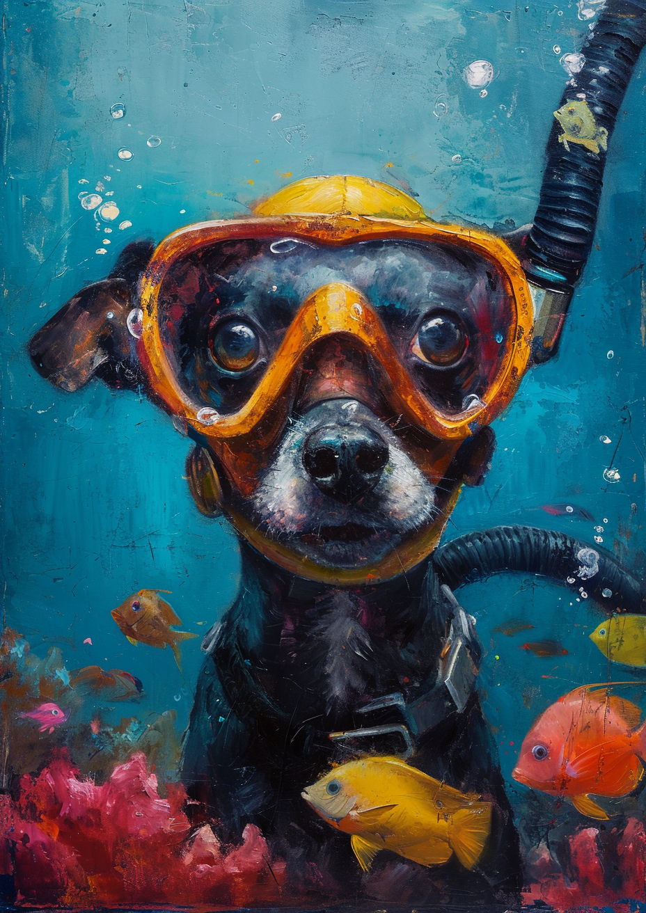 Dog in Diving Costume Swimming with Colorful Fish