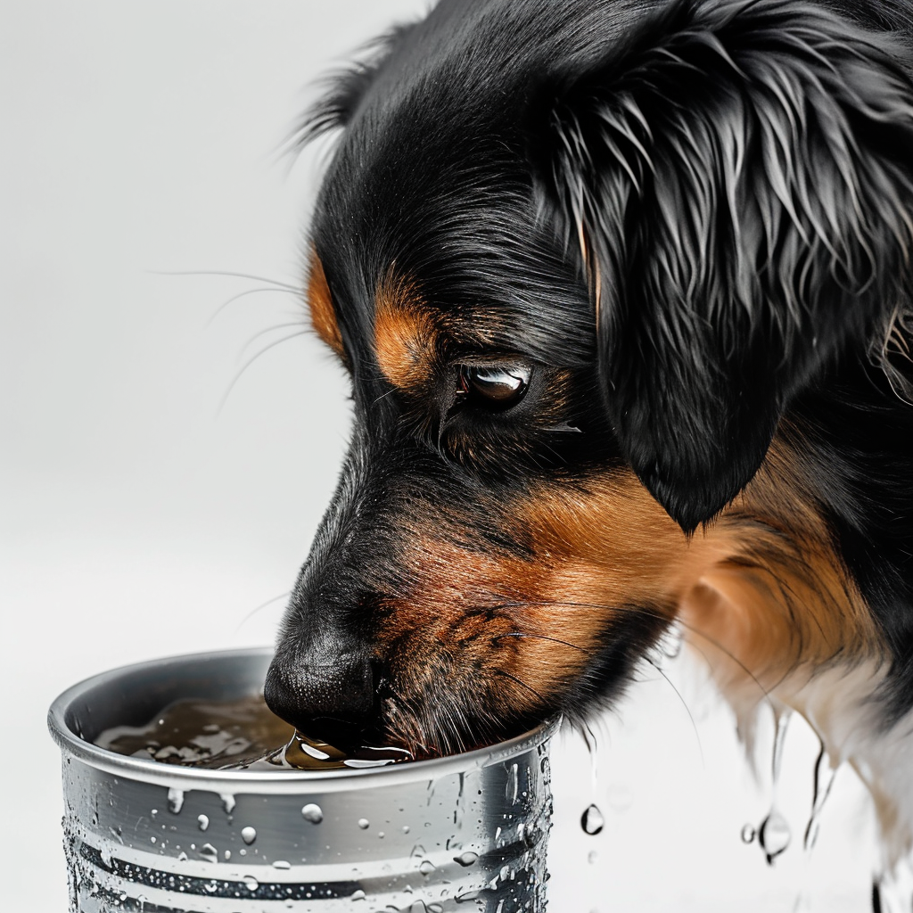 Dog drinking water from aluminum can