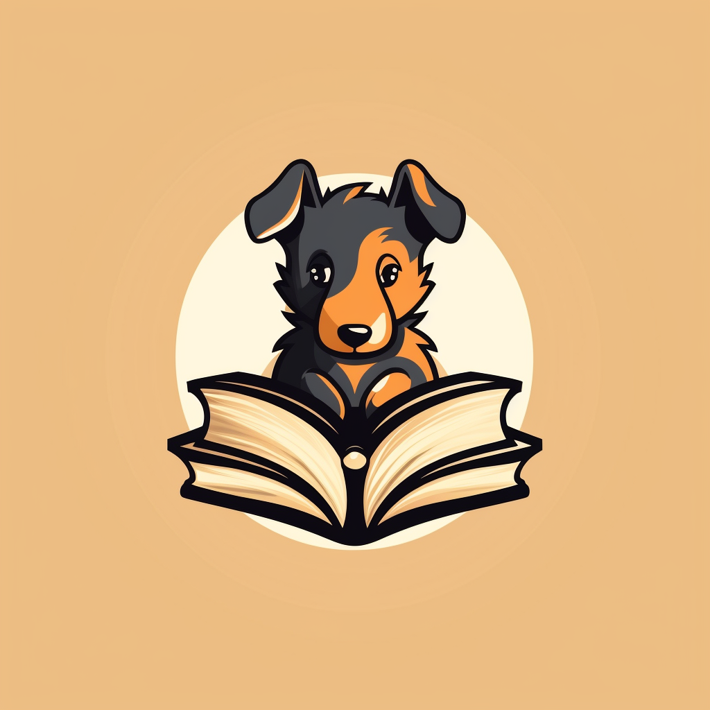 Cartoon dog reading a book with one ear down