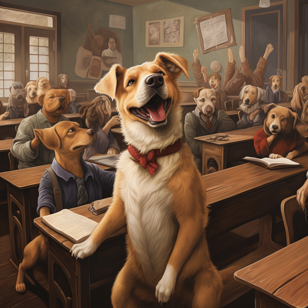 Dog entering a classroom