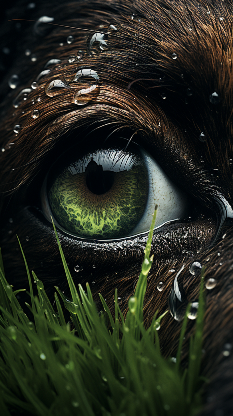 Tearful dog eye with plant and grass drops