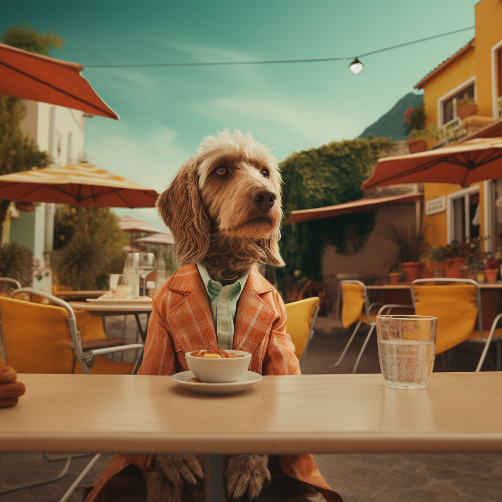 Dog patiently waiting for meal at outdoor cafe