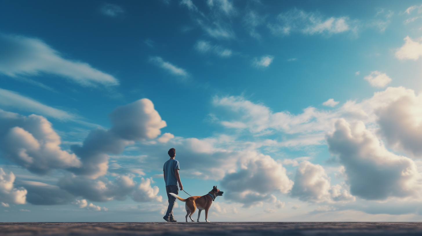 Dog and owner bid farewell under a blue sky