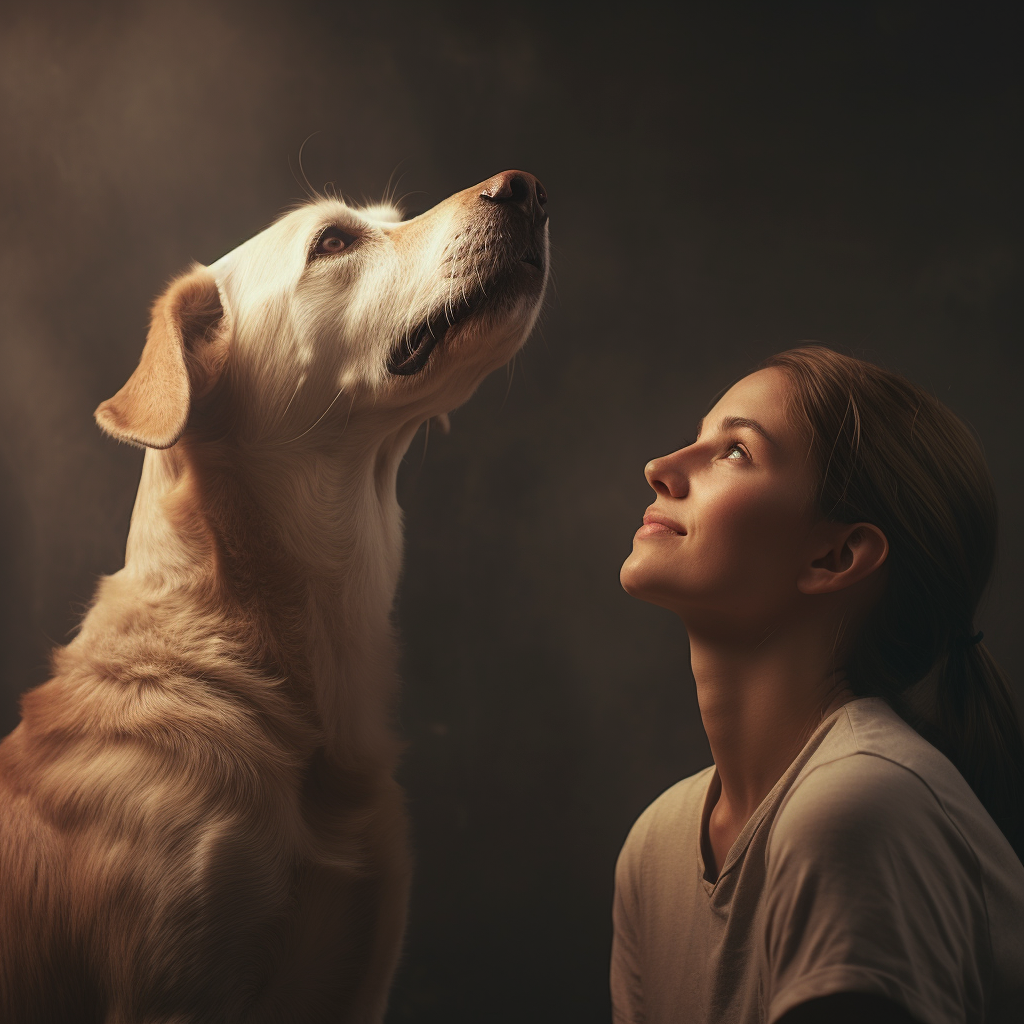 Loving dog gazes up at owner