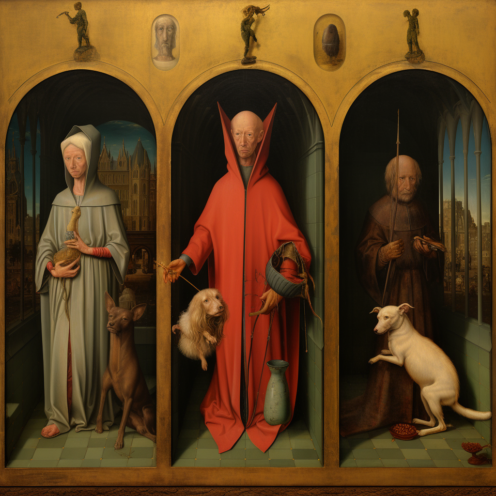 Playful dogs in a triptych artwork