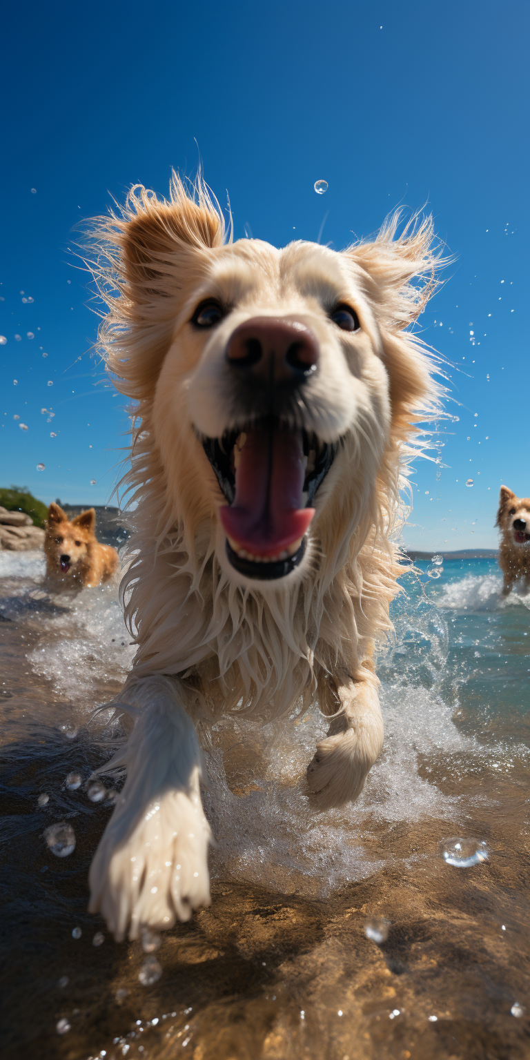 Happy dog playing with seagulls on the beach