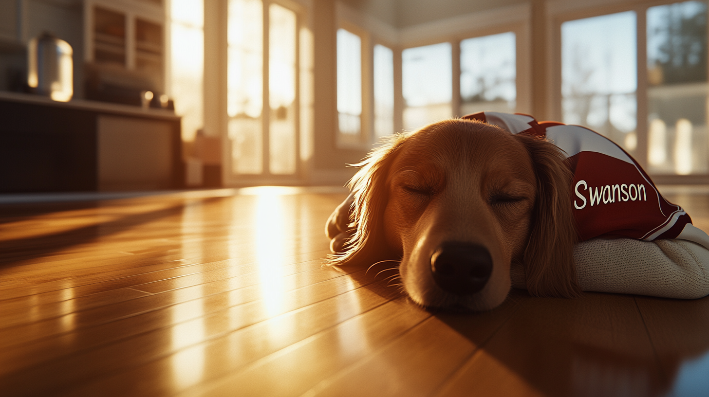 Dog in Soccer Jersey Relaxing