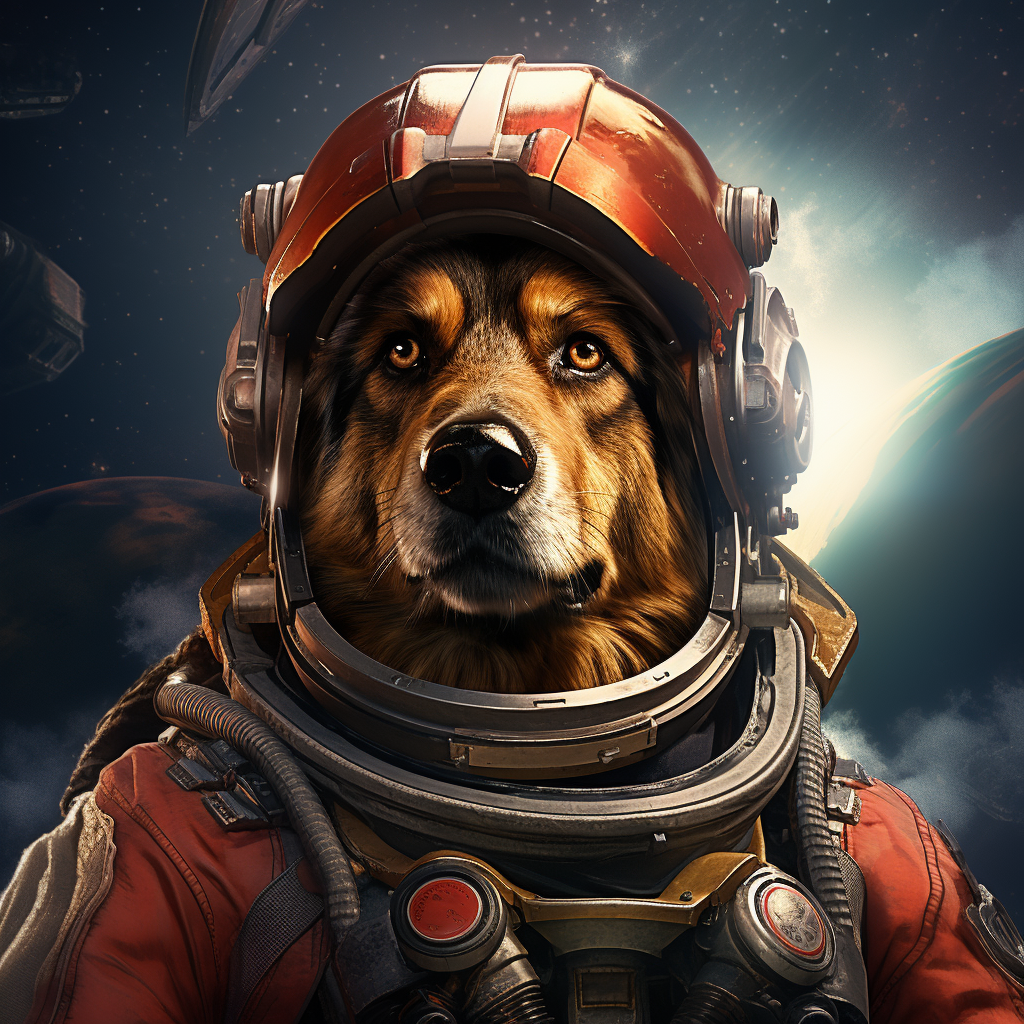 Brave dog in space suit with laser gun