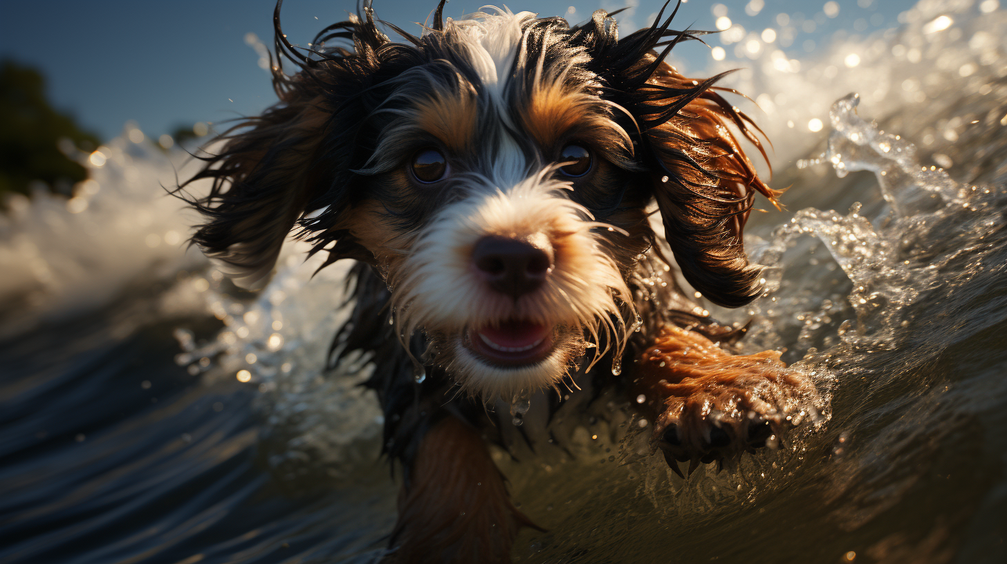 Adventurous dog surfing ocean waves