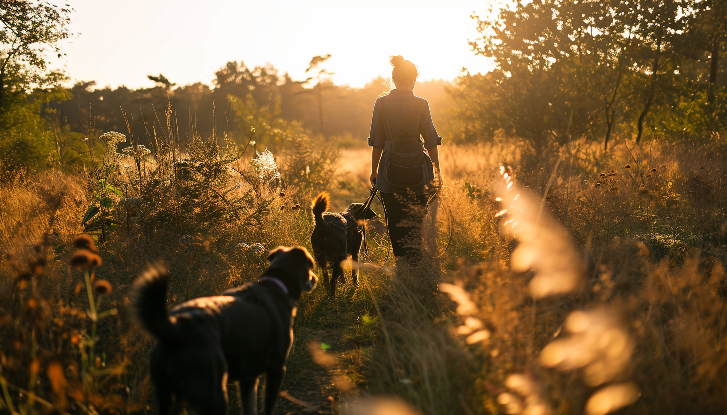 Image of skilled dog trainer with two dogs in the wild