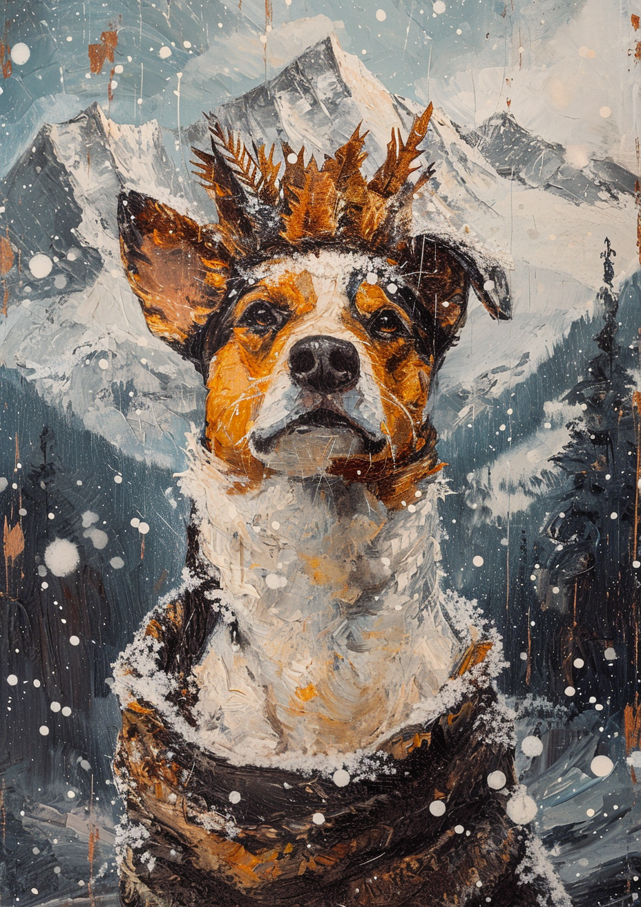 Dog in Winter Costume with Snowy Crown