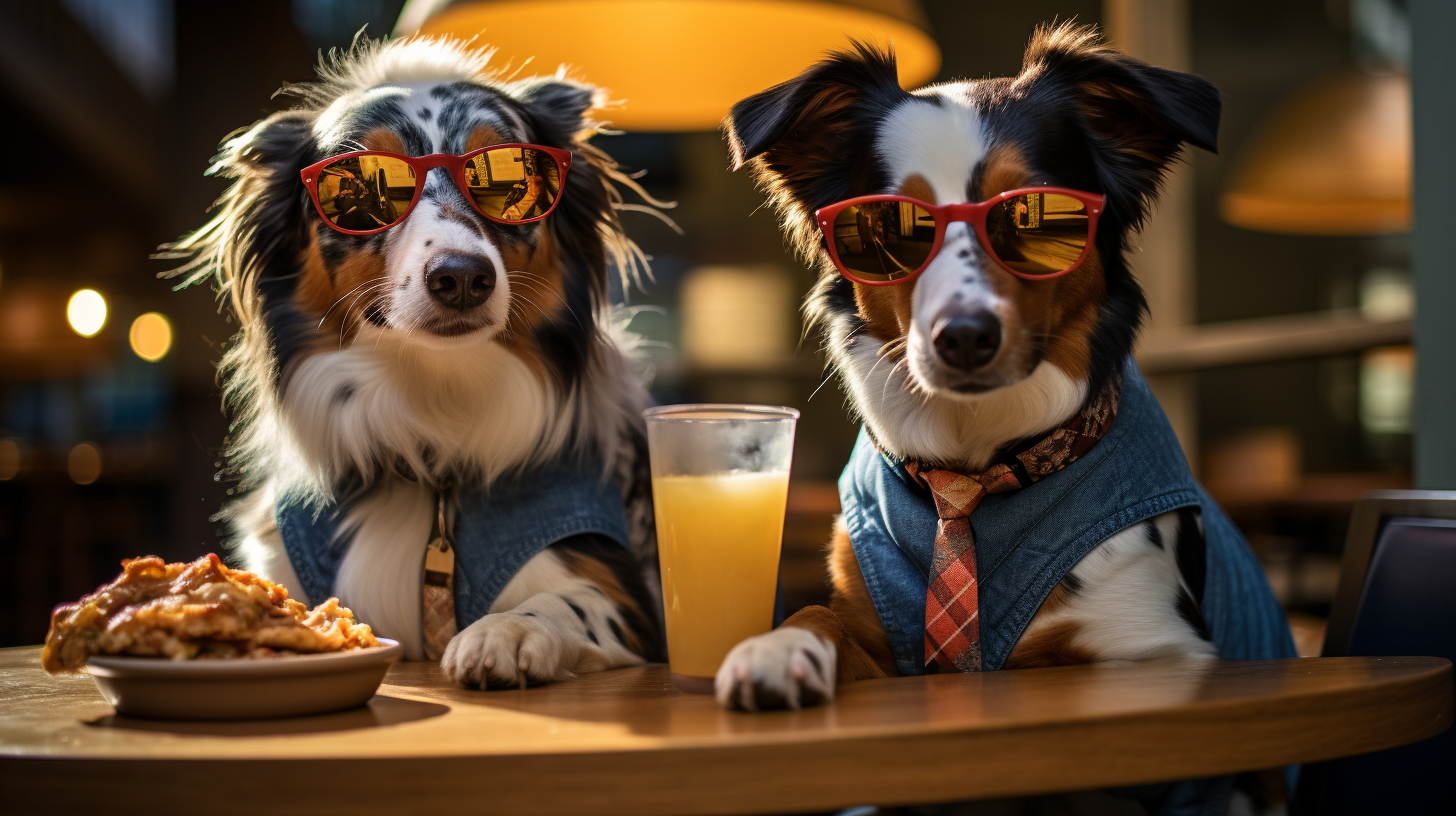 Fashionable dogs with accessories at California Pizza Kitchen