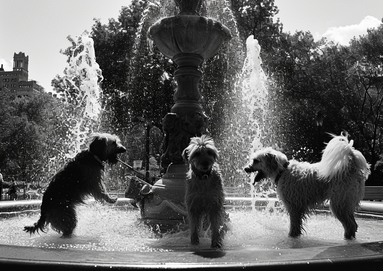 Cute dogs enjoying fountain playtime