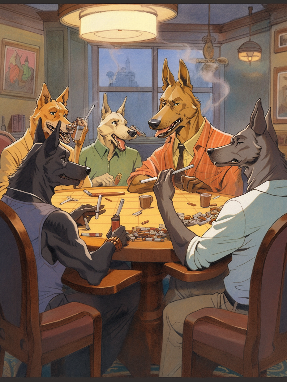 Dogs playing poker with cigars