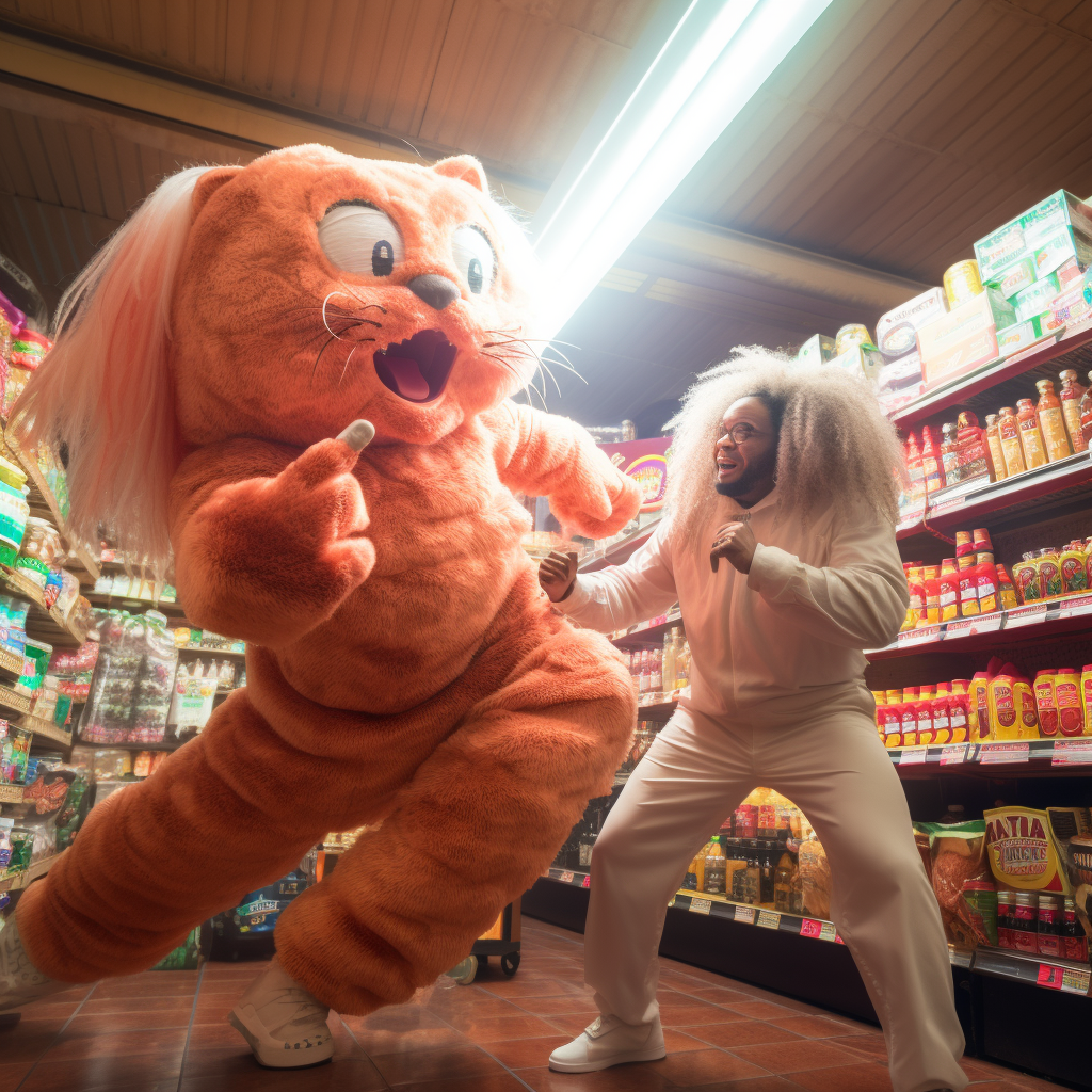 Doja Cat and Garfield fighting in a grocery store