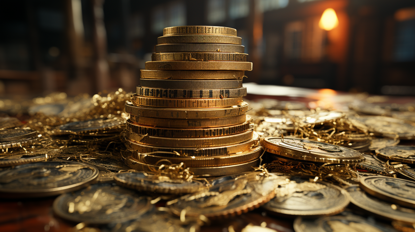 Close-up of Stacks of Dollar Bills and Gold Coins