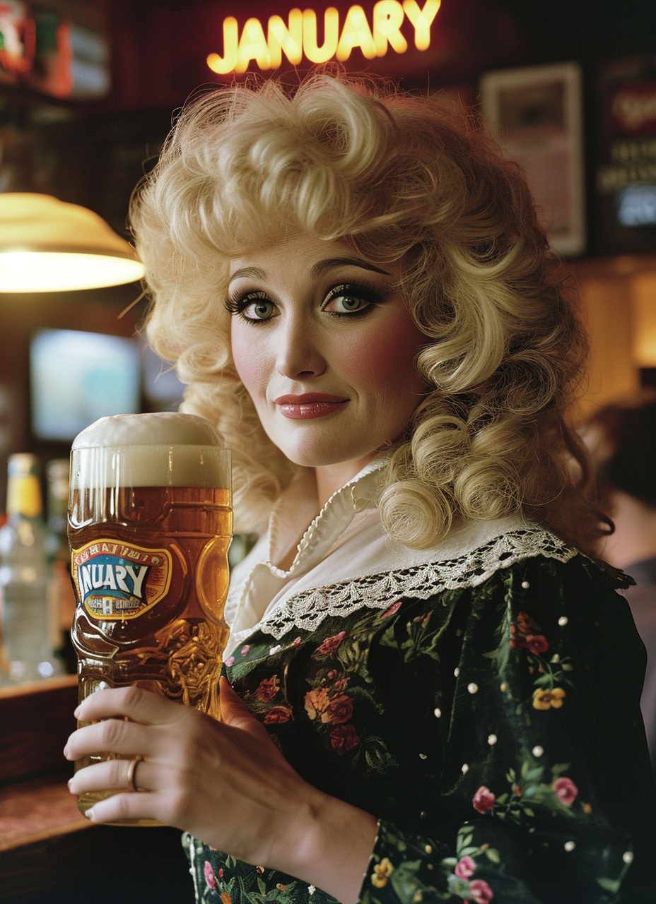 Dolly Parton holding a large beer in January