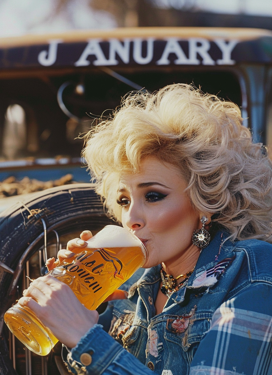 Dolly Parton sipping beer in January