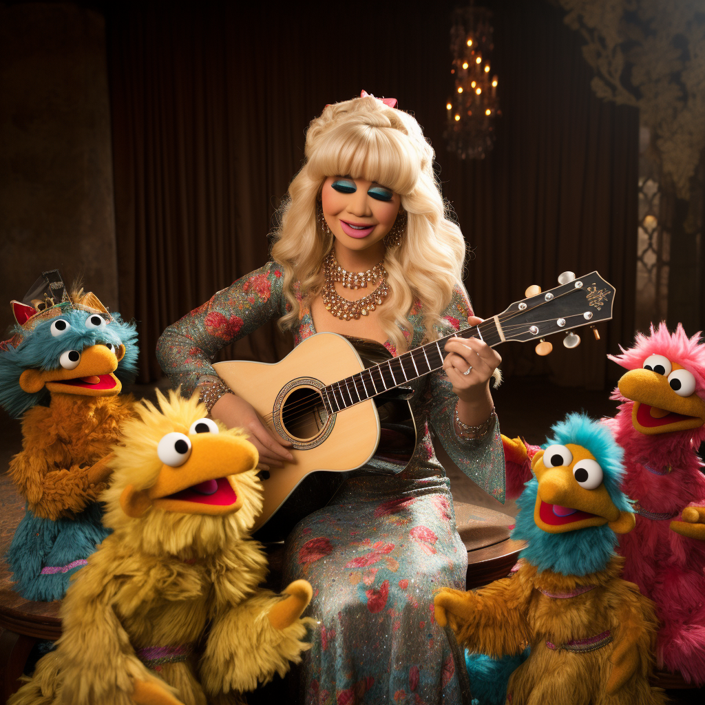 Dolly Parton singing with Sesame Street muppets